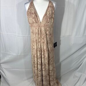 Lulus Stolen Moments Lace Halter Maxi Dress in Cream and Tan Size 1X
